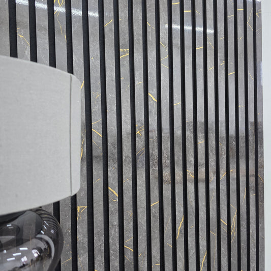 240cm x 60cm Acoustic Slatted Wall Panel Black & Gold Marble